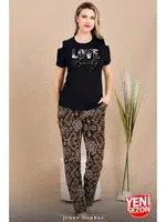 Omuzları Açık Bisiklet Yaka Kısa Kollu Desenli Pijama Takımı Lady 12664 Siyah detay görünüm