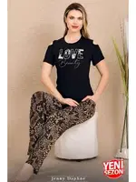 Omuzları Açık Bisiklet Yaka Kısa Kollu Desenli Pijama Takımı Lady 12664 Siyah farklı açı