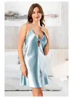 Önden Yırtmaçlı Göğüs Dekolteli Kısa Saten Gecelik Miss Laris 2113 Mavi