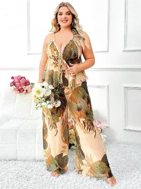 Pink Night Önü Açık Bağlamalı Çiçek Desenli İnce Askılı Büyük Beden Pijama Takımı Pink Night 6950