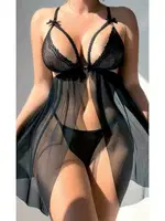 Önü Açık Transparan Siyah Fantazi Gecelik Takımı NightLight 7057 Siyah