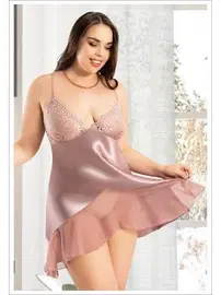 Miss Laris Önü Transparan Asimetrik Kesim Saten Büyük Beden Gecelik Miss Laris 4046