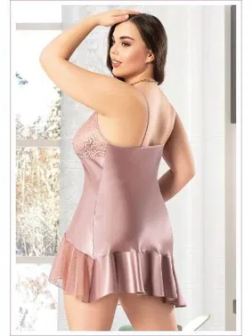 Miss Laris Önü Transparan Asimetrik Kesim Saten Büyük Beden Gecelik Miss Laris 4046 - Alternatif Görünüm