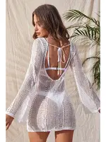 Örme Pamuk Uzun Kollu Pareo Plaj Elbisesi Kimono Kaftan Angelsin MS4366 Beyaz Beyaz