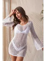 Örme Pamuk Uzun Kollu Pareo Plaj Elbisesi Kimono Kaftan Angelsin MS4366 Beyaz Beyaz görsel 4