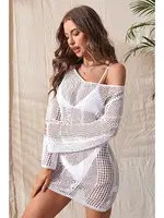 Örme Pamuk Uzun Kollu Pareo Plaj Elbisesi Kimono Kaftan Angelsin MS4366 Beyaz Beyaz görsel 5