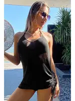 Örme Pamuk Yandan Büzgülü Pareo Plaj Elbisesi Kimono Kaftan Angelsin MS 4350 Siyah Siyah farklı açı