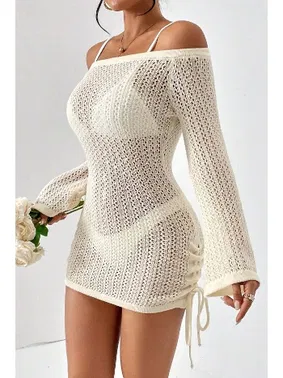 Angelsin Örme Yanlardan Büzgülü Uzun Kollu Plaj Elbisesi Pareo Angelsin MS 4379 Bej