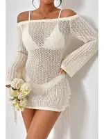 Örme Yanlardan Büzgülü Uzun Kollu Plaj Elbisesi Pareo Angelsin MS 4379 Bej Bej görsel 4