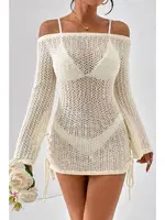 Örme Yanlardan Büzgülü Uzun Kollu Plaj Elbisesi Pareo Angelsin MS 4379 Bej Bej görsel 5