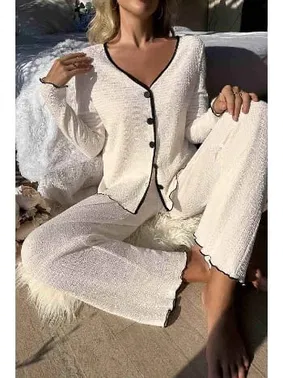 Merry See Özel Örme Kumaş Düğmeli Uzun Kollu Pijama Takımı Merry See  MS 4087 Beyaz