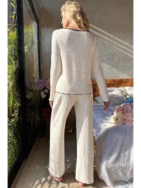 Merry See Özel Örme Kumaş Düğmeli Uzun Kollu Pijama Takımı Merry See  MS 4087 Beyaz - Alternatif Görünüm