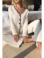 Özel Örme Kumaş Düğmeli Uzun Kollu Pijama Takımı Merry See  MS 4087 Beyaz Beyaz farklı açı