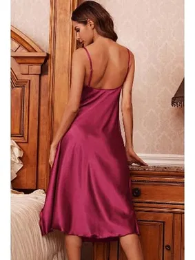 Merry See Özel Tasarım Degaje Yakalı Yırtmaçlı Dantelli Saten Uzun Gecelik Merry See MS 2365 Bordo - Alternatif Görünüm