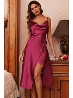 Özel Tasarım Degaje Yakalı Yırtmaçlı Dantelli Saten Uzun Gecelik Merry See MS 2365 Bordo Bordo farklı açı