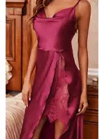 Özel Tasarım Degaje Yakalı Yırtmaçlı Dantelli Saten Uzun Gecelik Merry See MS 2365 Bordo Bordo görsel 5