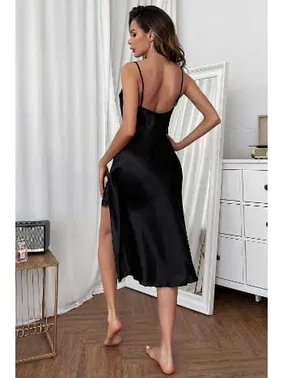 Merry See Özel Tasarım Degaje Yakalı Yırtmaçlı Dantelli Saten Uzun Gecelik Merry See MS 2365 Siyah - Alternatif Görünüm