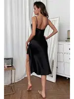 Özel Tasarım Degaje Yakalı Yırtmaçlı Dantelli Saten Uzun Gecelik Merry See MS 2365 Siyah Siyah detay görünüm