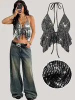 Parlak Boyundan Bağlamalı Sırt Dekolteli Büstiyer Ruselin 5093 Gri görsel 6