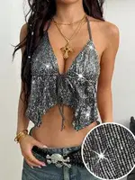 Parlak Boyundan Bağlamalı Sırt Dekolteli Büstiyer Ruselin 5093 Gri detay görünüm