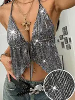 Parlak Boyundan Bağlamalı Sırt Dekolteli Büstiyer Ruselin 5093 Gri görsel 5