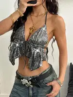 Parlak Boyundan Bağlamalı Sırt Dekolteli Büstiyer Ruselin 5093 Gri