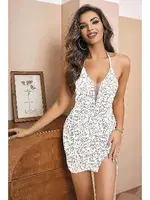 Payetli Beyaz Işıltılı Dekolteli Seksi Kulüp Midi Elbise Pink Night 1107 Beyaz