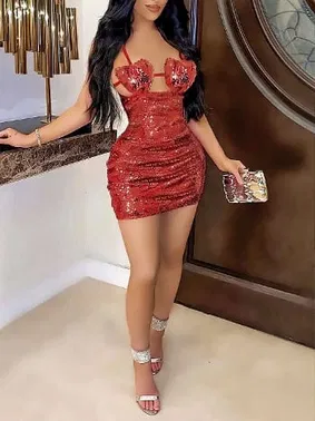 Pink Night Payetli Kalp Tasarımlı Seksi Kulüp Midi Elbise Pink Night 1199