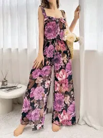 Pink Night Pembe Çiçek Desenli Siyah Asklı Bluz Pantolon Takım Pink Night 1458
