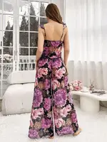 Pembe Çiçek Desenli Siyah Asklı Bluz Pantolon Takım Pink Night 1458 Siyah detay görünüm