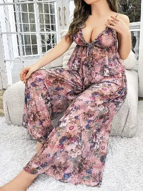 Pink Night Pembe Çiçekli Desenli Büyük Beden Bluz Pantolon Takım Pink Night 6955