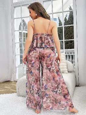 Pink Night Pembe Çiçekli Desenli Büyük Beden Bluz Pantolon Takım Pink Night 6955 - Alternatif Görünüm