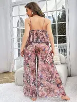 Pembe Çiçekli Desenli Büyük Beden Bluz Pantolon Takım Pink Night 6955 Pembe detay görünüm