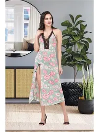 İzabel Pembe Çiçekli Uzun Yeşil Kadın Gecelik İzabel 2000