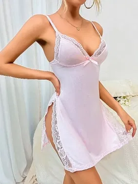 Lily Bianca Pembe Çift Yırtmaçlı Dantel Kenarlı Penye Erotik Gecelik Lily Bianca 13035 - Alternatif Görünüm