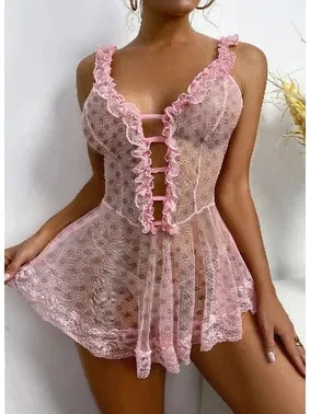 Loomerie Pembe Fırfırlı Dekolteli Mini Seksi Kadın Fantazi Gecelik Loomerie 533