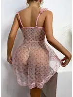 Pembe Fırfırlı Dekolteli Mini Seksi Kadın Fantazi Gecelik Loomerie 533 Pembe detay görünüm
