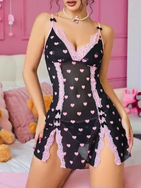 Lily Bianca Pembe Kalp Desenli Dantel Kenarlı Transparan Erotik Gecelik Lily Bianca LB-180