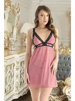 Pembe Tül Siyah Dantel Detaylı Mini Sırtı Açik Gecelik Nathalie T-2029 Pembe