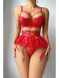missisX Pileli Kırmızı Seksi İpli Jartiyer Takım missisX 62005