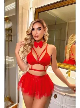 missisX Pileli Kırmızı Sütyen Etek Gecelik Takım missisX 50136