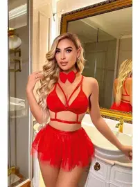 missisX Pileli Kırmızı Sütyen Etek Gecelik Takım missisX 50136