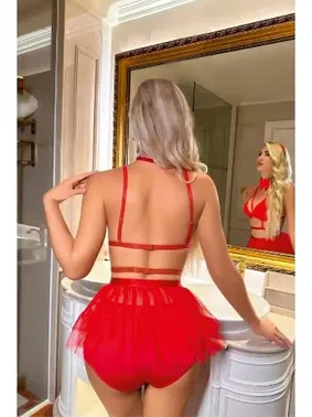 missisX Pileli Kırmızı Sütyen Etek Gecelik Takım missisX 50136 - Alternatif Görünüm