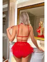 Pileli Kırmızı Sütyen Etek Gecelik Takım missisX 50136 Kırmızı detay görünüm