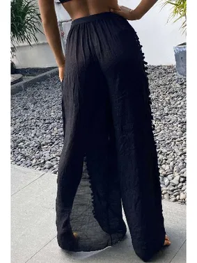 Angelsin Ponponlu Siyah Yırtmaç Detaylı Plaj Pantolonu Pareo Angelsin MS 4415 - Alternatif Görünüm