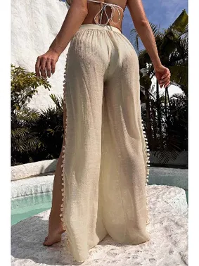 Angelsin Ponponlu Yırtmaç Detaylı Plaj Pantolonu Pareo Angelsin MS 4415 Krem - Alternatif Görünüm