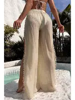 Ponponlu Yırtmaç Detaylı Plaj Pantolonu Pareo Angelsin MS 4415 Krem Krem detay görünüm