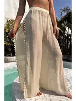 Ponponlu Yırtmaç Detaylı Plaj Pantolonu Pareo Angelsin MS 4415 Krem Krem farklı açı