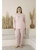 Puantiyeli Büyük Beden Yazlık Uzun Kollu Viskon Kadın Pijama Takımı Estiva 25145 Pembe