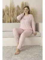 Puantiyeli Büyük Beden Yazlık Uzun Kollu Viskon Kadın Pijama Takımı Estiva 25145 Pembe detay görünüm